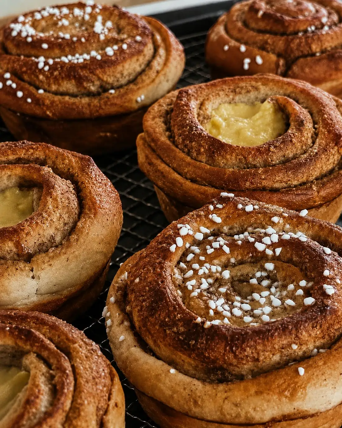 A rack of freshly baked cardamom and cinnamon buns, some filled with custard.