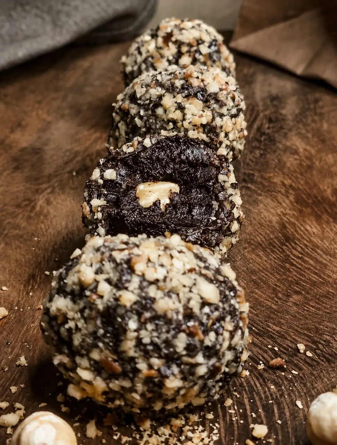 Walnut-rolled chocolate truffles on a dark board, one cut to show the centre.