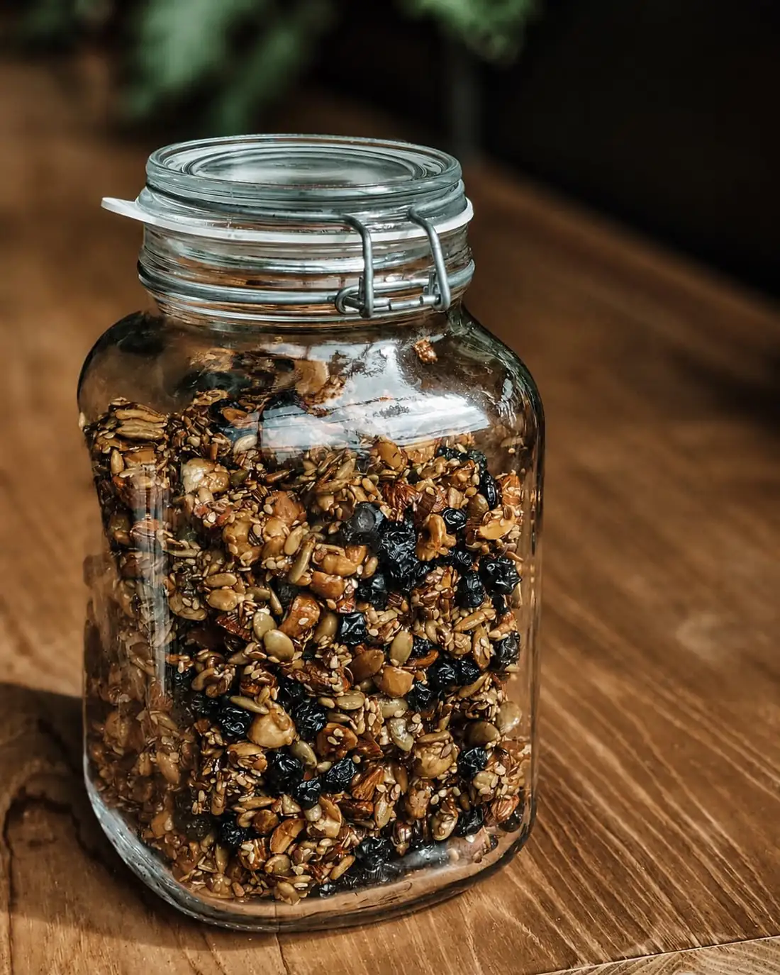 A clamp-top jar of granola with cashews, pumpkin seeds and dried blueberries.