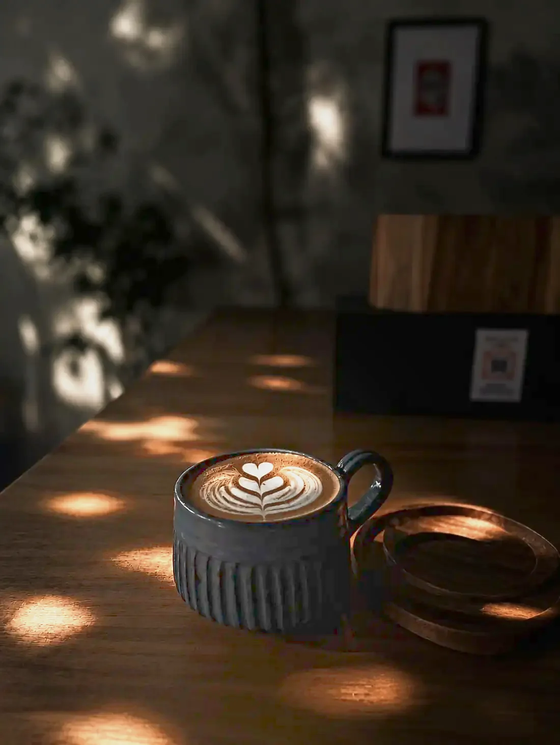 A latte on a long wooden counter, leaf shadows moving across the wall behind it.