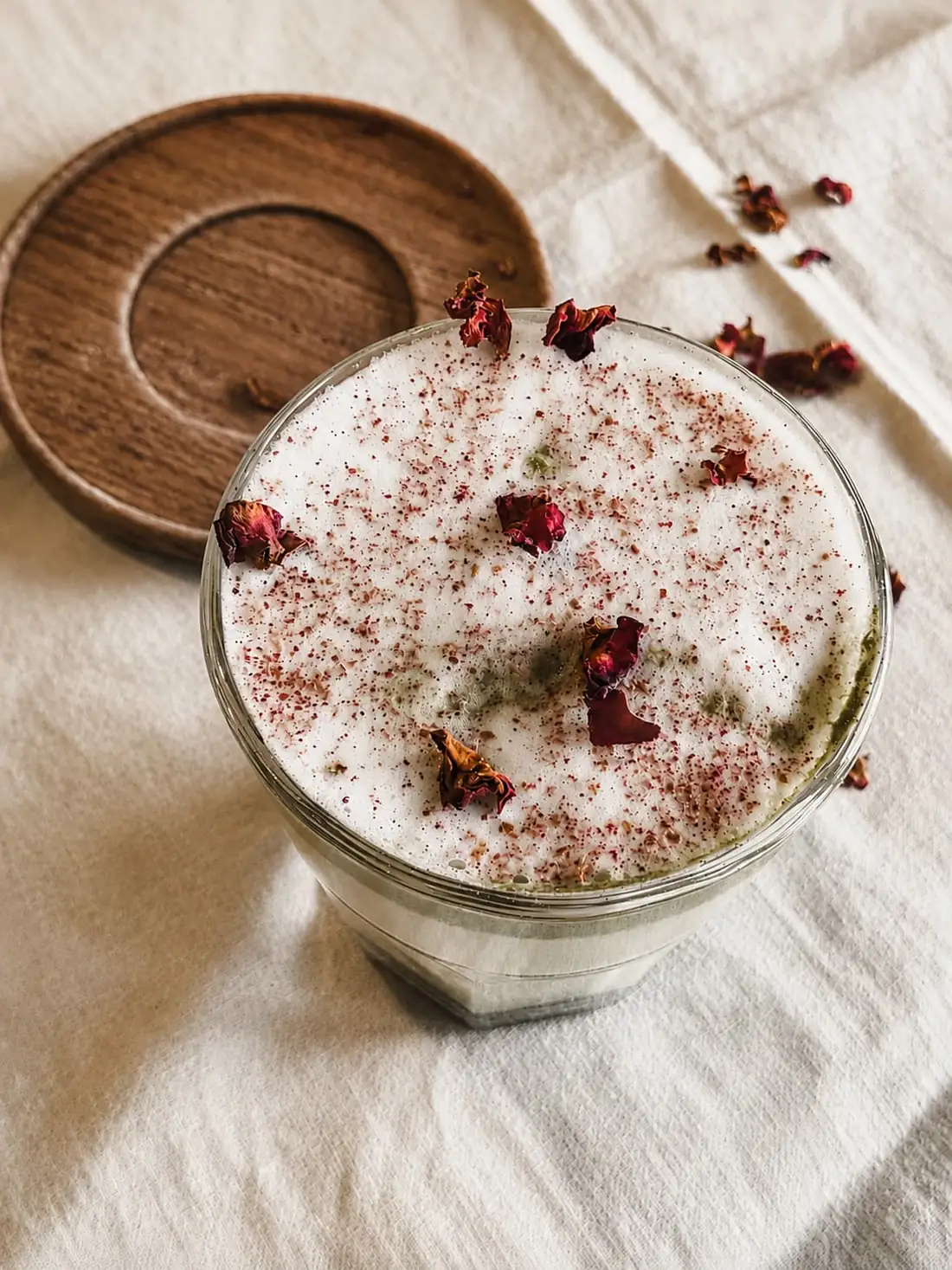 An iced matcha topped with foam, rose petals and pink dust, seen from above.