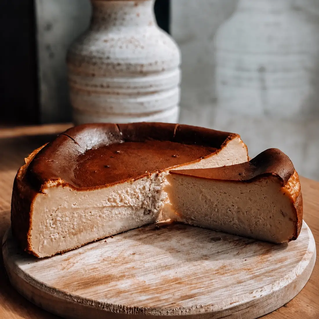 A Basque cheesecake on a wooden board with one slice cut away.