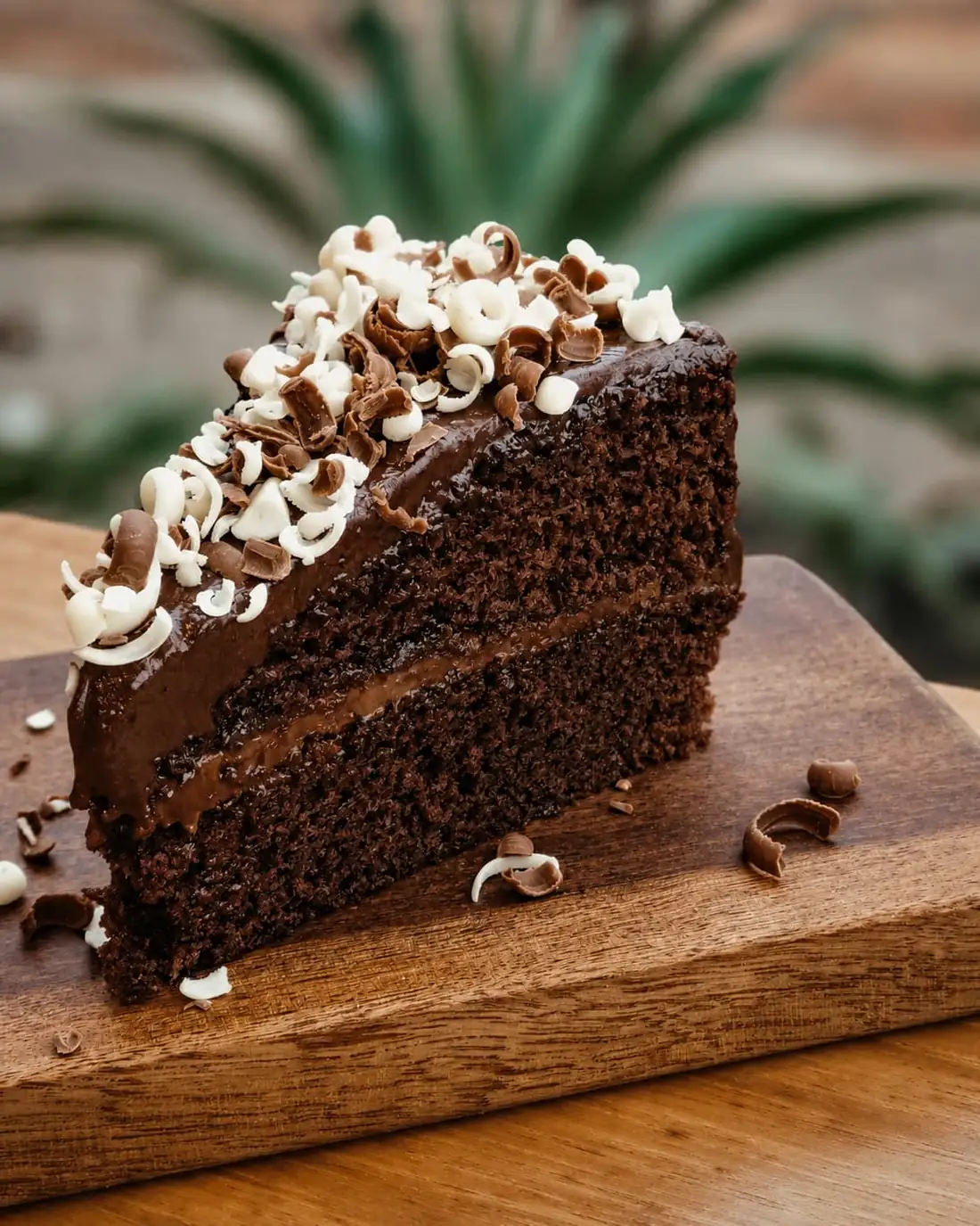 A slice of chocolate fudge cake topped with dark and white chocolate curls.